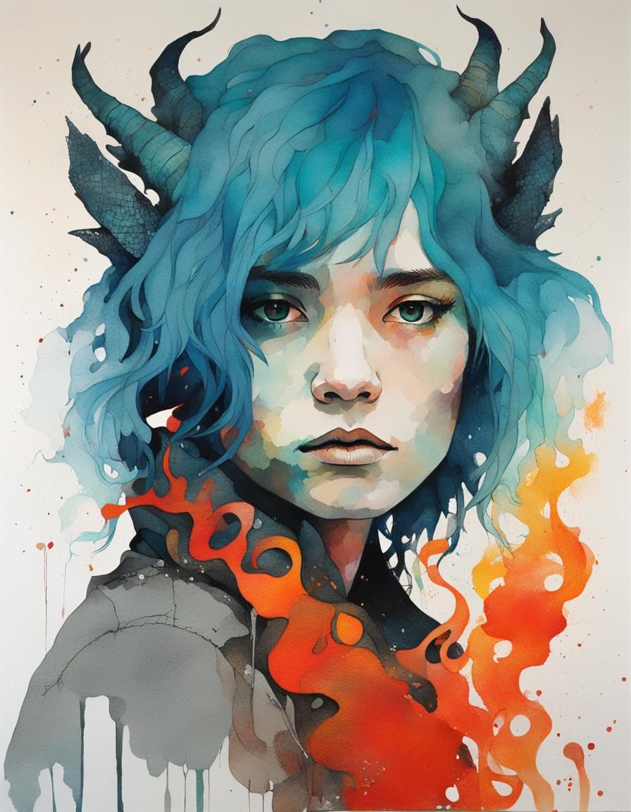 Fiery Haired Woman with Dragon, Digital Art