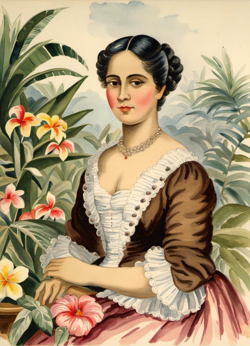 Indonesian Woman in Victorian Dress: Watercolor Painting