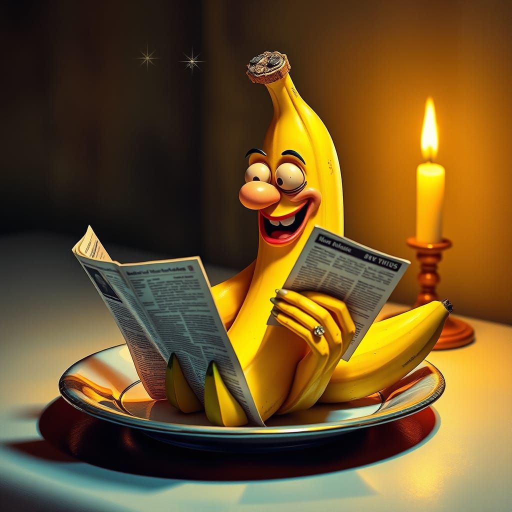 Whimsical Banana Reads Newspaper in Surreal Style