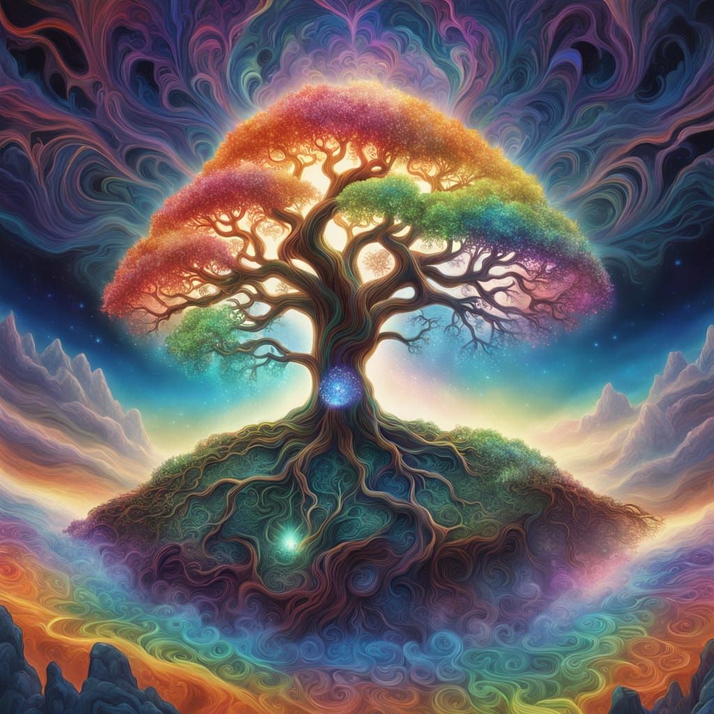 Psychedelic Tree of Life with Chakra Crystals