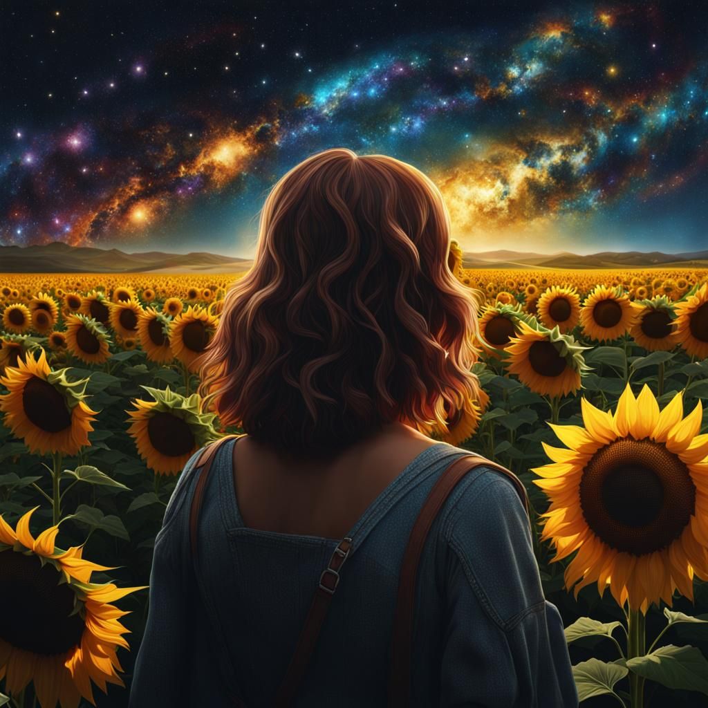 Woman Gazing at Starry Galaxy in Sunflower Field