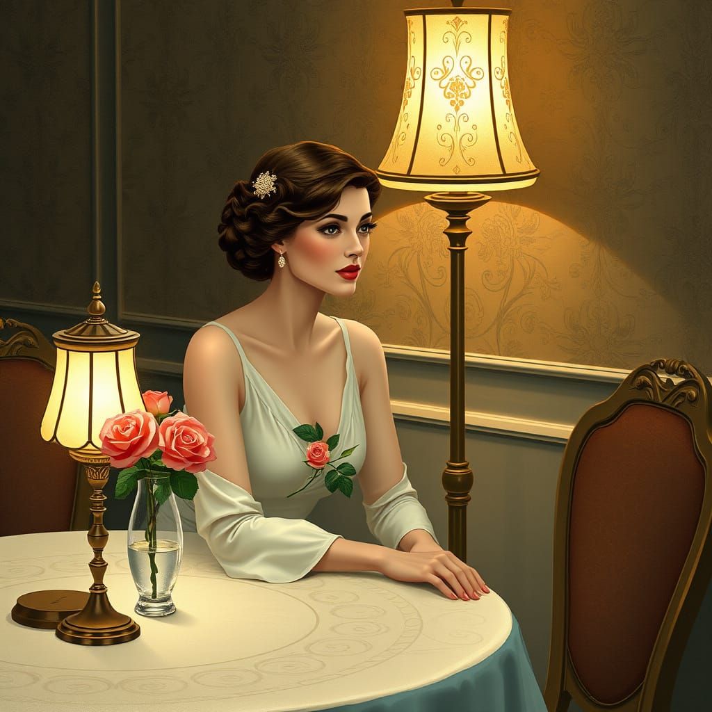 Elegant Woman at Table in Art Nouveau Style