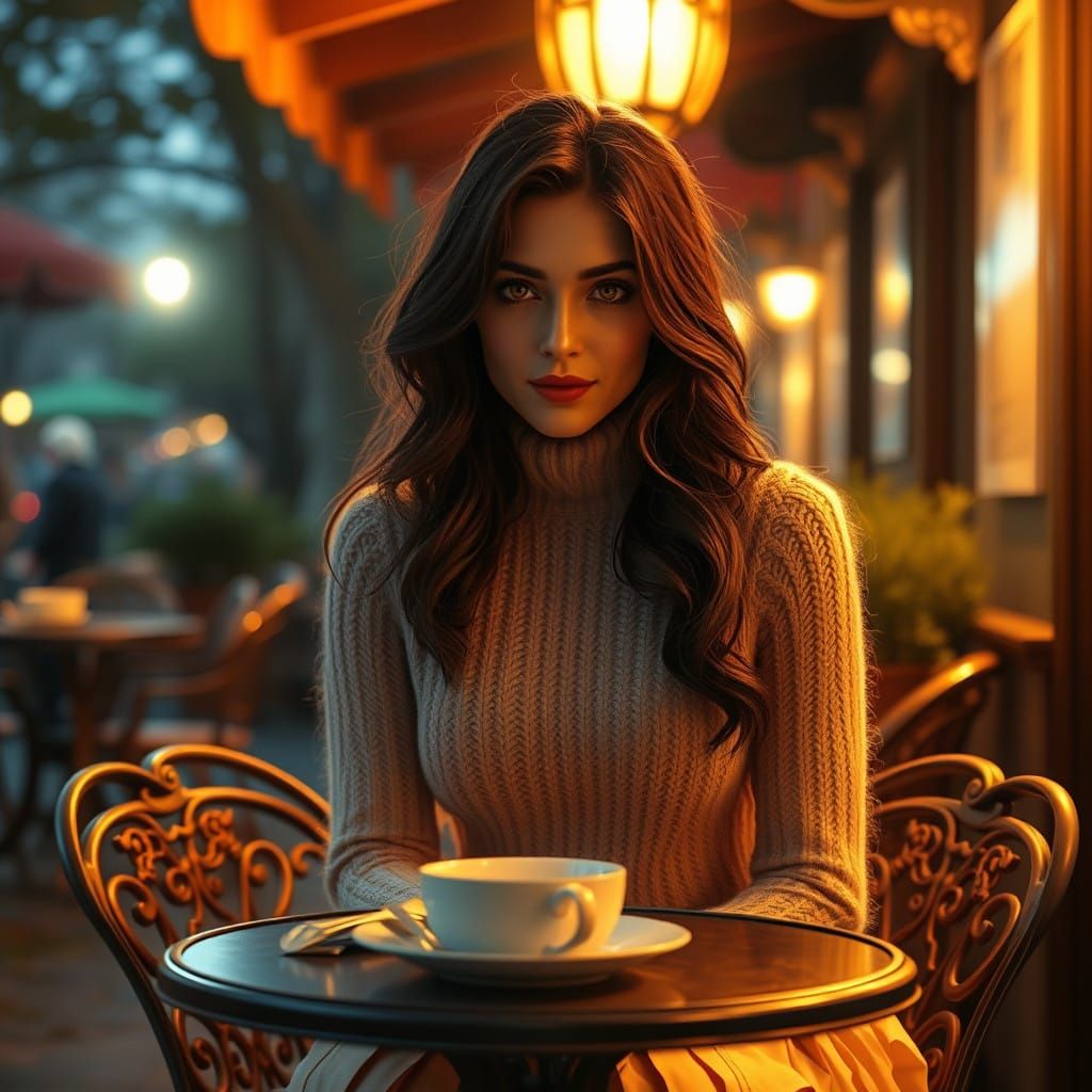 Enchanted Cafe Evening, Long Wavy Hair, Mystical Atmosphere