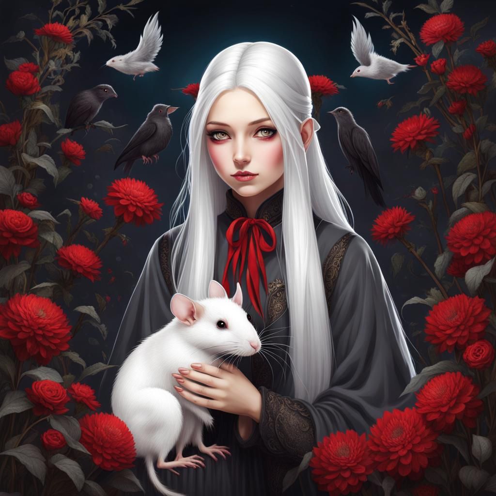 Shy Teen Witch with White Hair and Rats