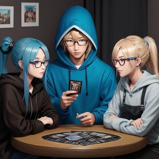 Anime Card Game Scene with Three Players