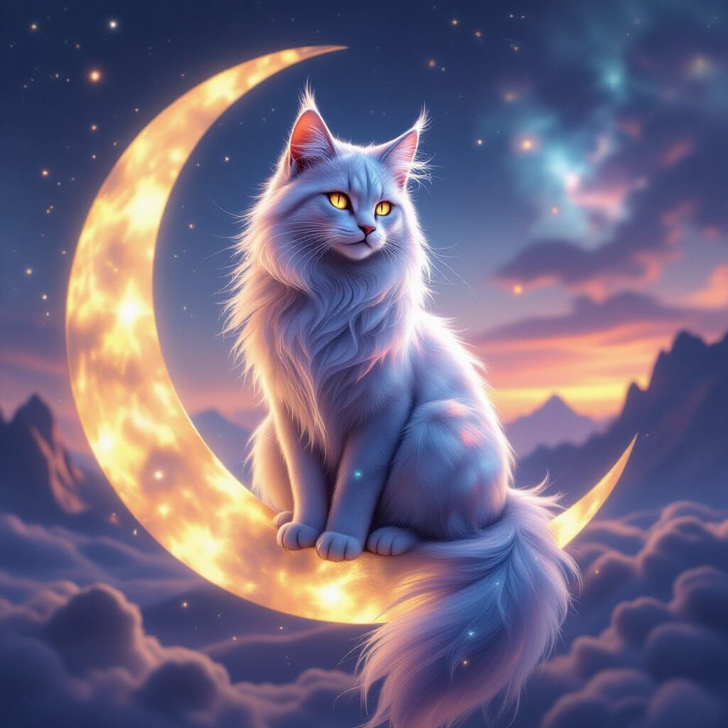 Cosmic Cat on Moon in Ethereal Celestial Landscape