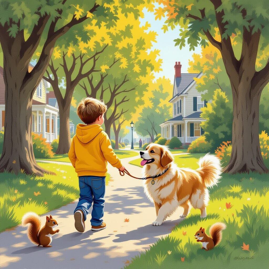 Boy and Dog in Park, Whimsical Illustration