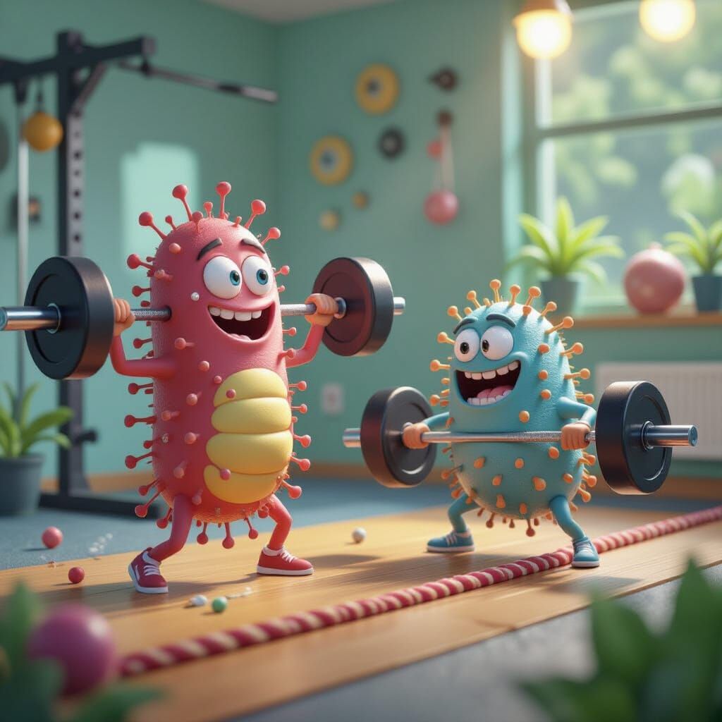 Microscopic Bacteria Gym in Humorous Cartoon Style