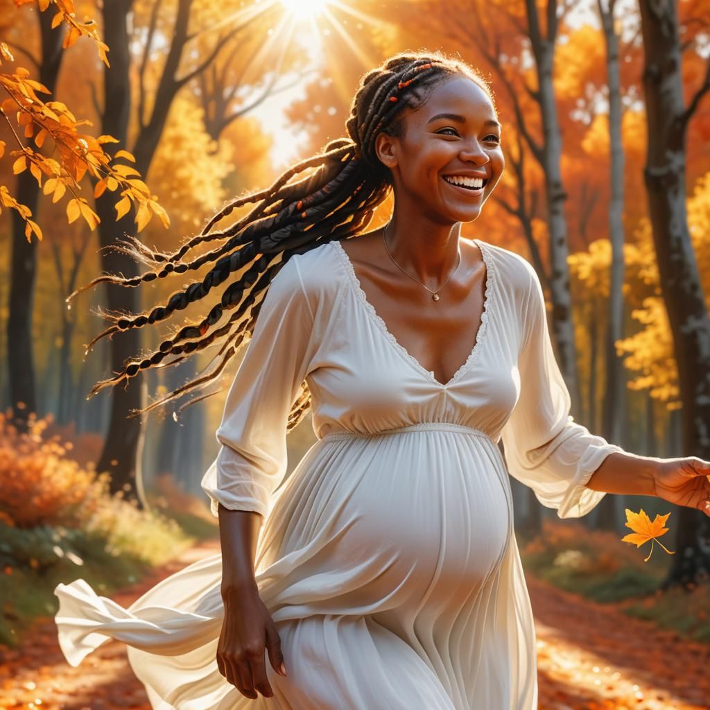 Joyful Pregnant Woman in Autumn Forest
