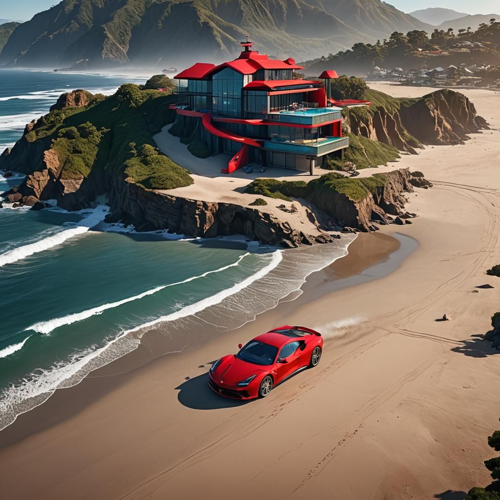 Modern Beach House with Sports Cars, Fantasy Art