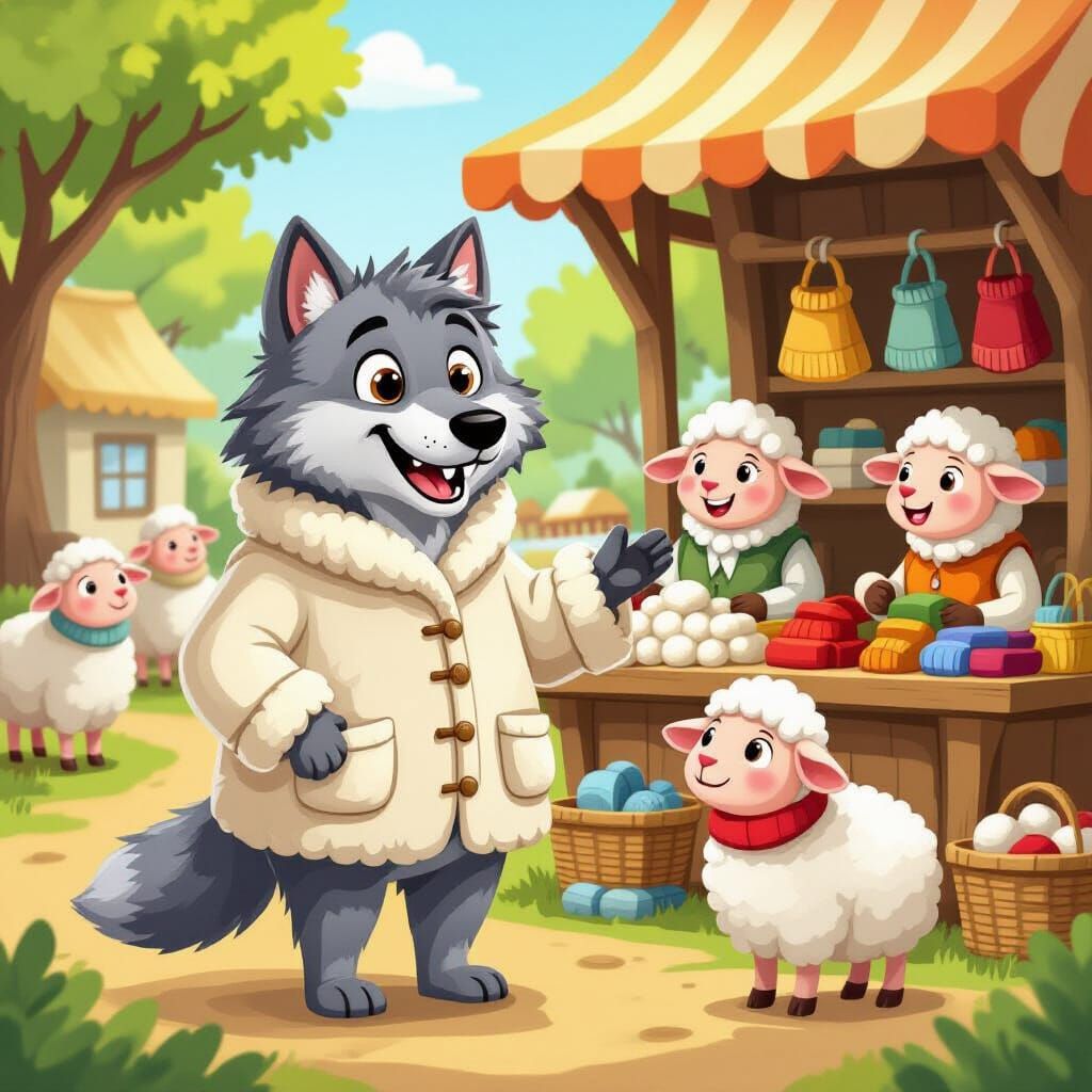 Anthropomorphic Wolf Buys Wool Clothes from Sheep
