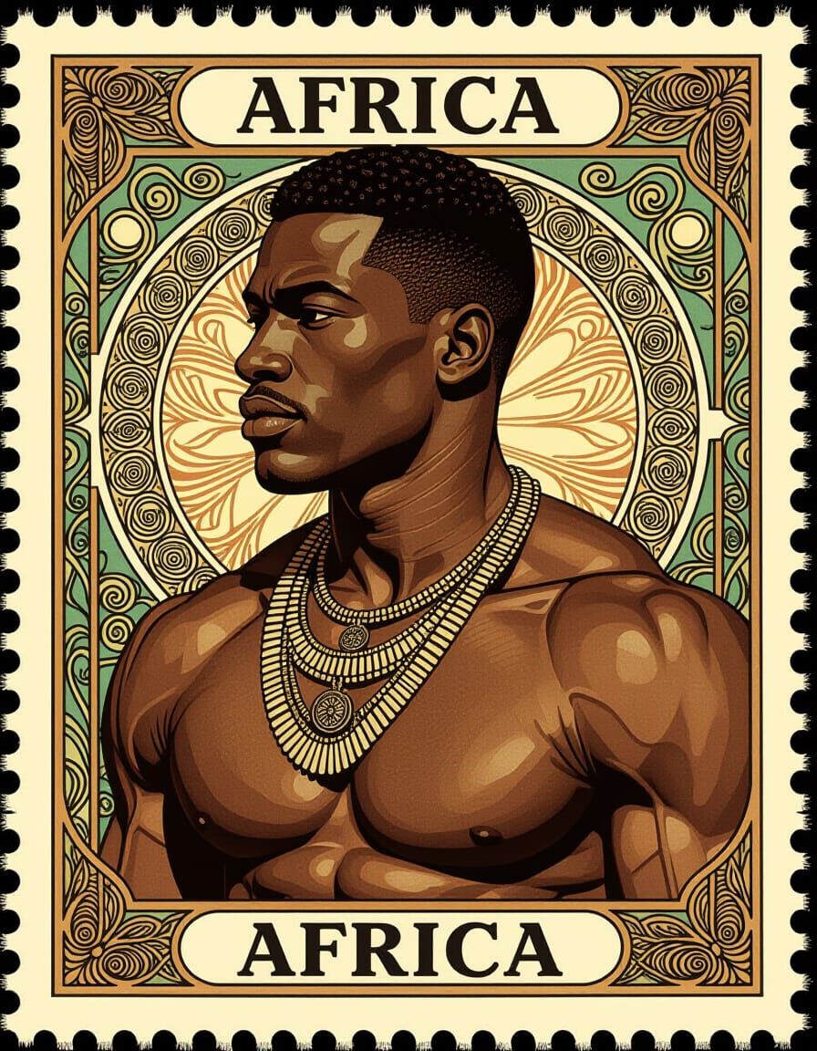 African Man on Stamp in Art Nouveau Style