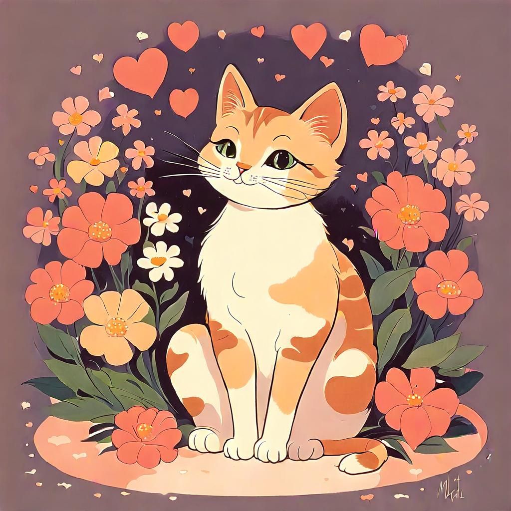 Cat on Pillow Surrounded by Flowers in Animation Style