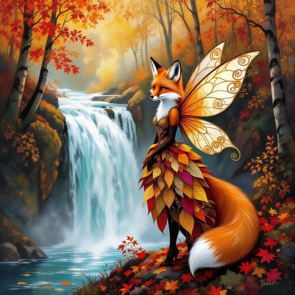 Fox Fairy by Klimt Style Waterfall in Autumn Forest