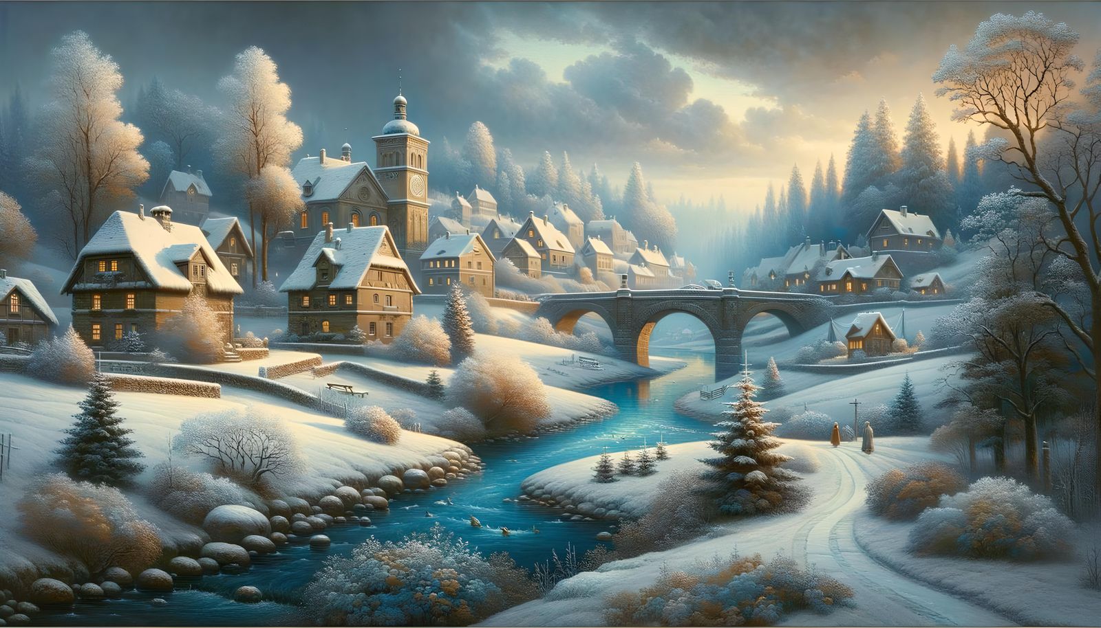 Charming Winter Village Reflecting Early 20th Century Art