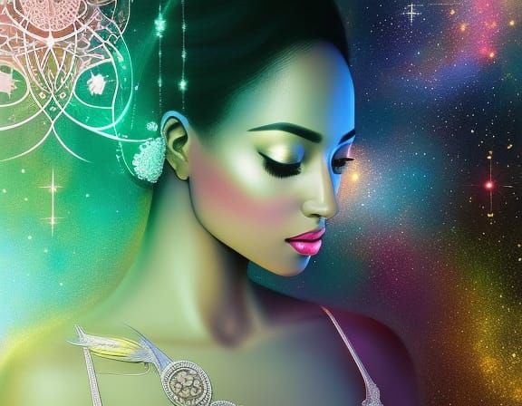 Radiant Caribbean Woman Portrait with Intricate Motifs