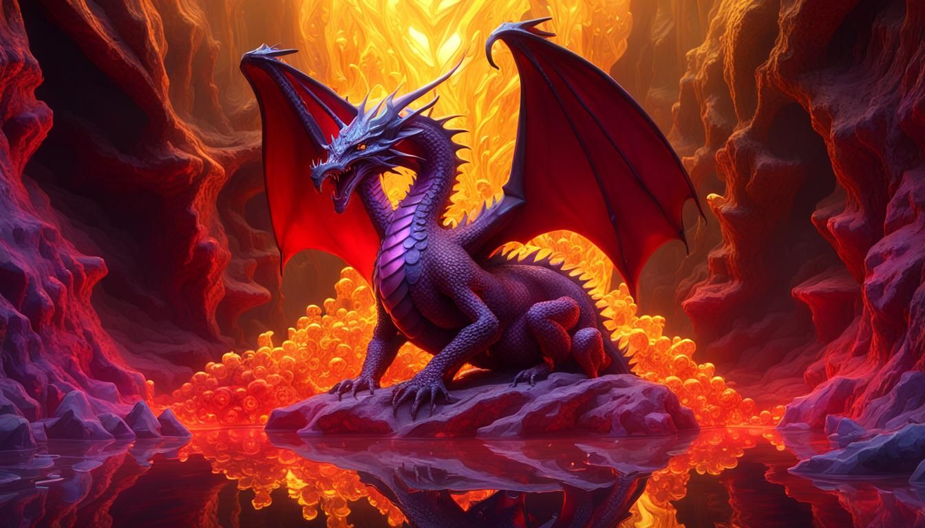 Red Dragon Hoard in Crystal Cave: Dark Fantasy Art