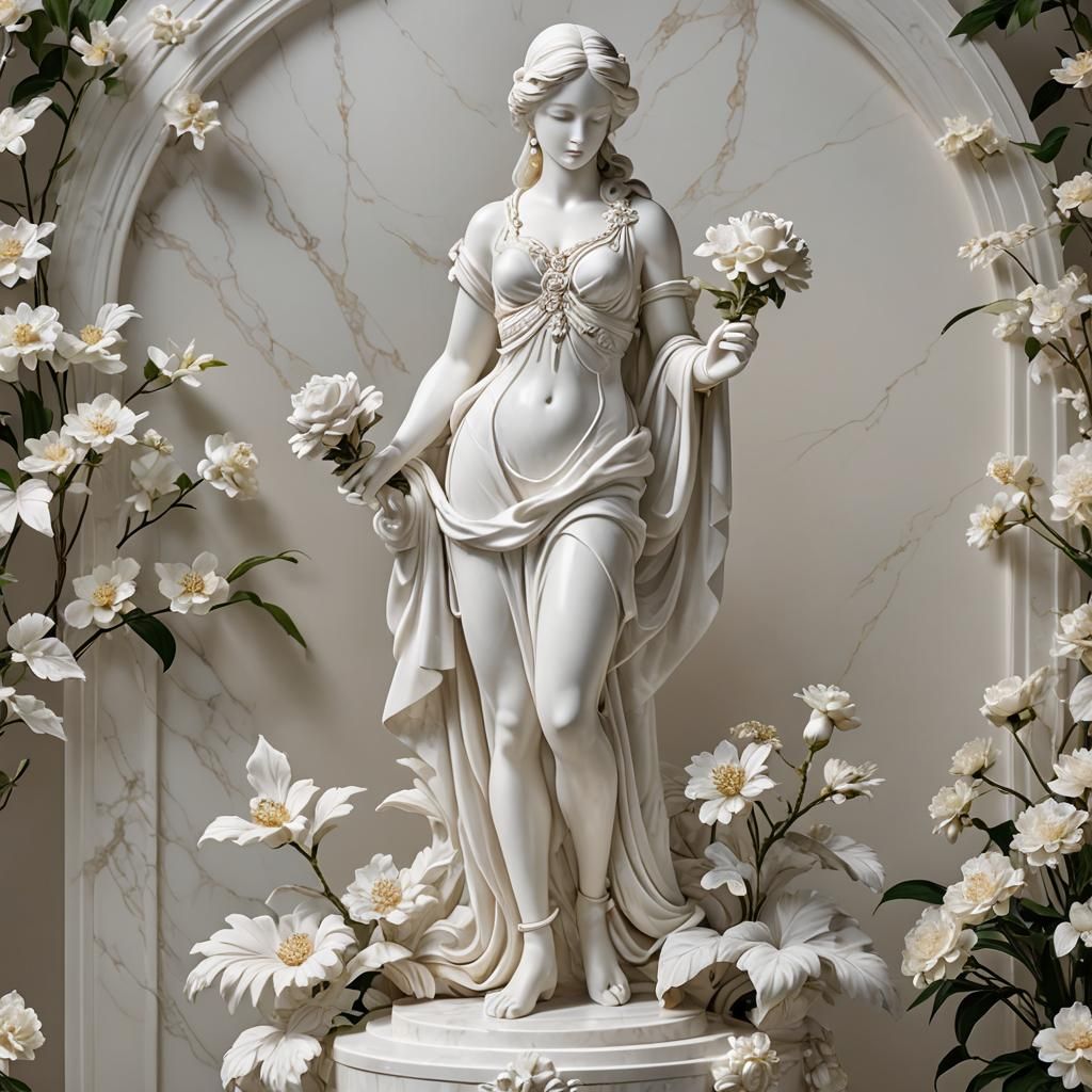 Elegant Marble Sculpture of a Woman with Flower