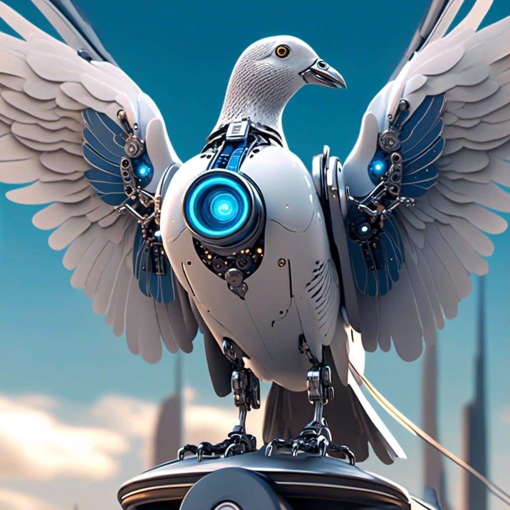 Futuristic Cyborg Pigeon on Sci-Fi NYC Rooftop