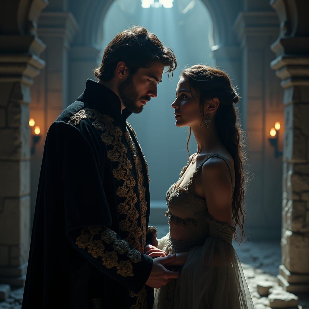 Dark Fantasy Prince and Woman in Ruined Castle