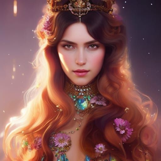 Queen with Crystal Flowers: Hyperdetailed Portrait