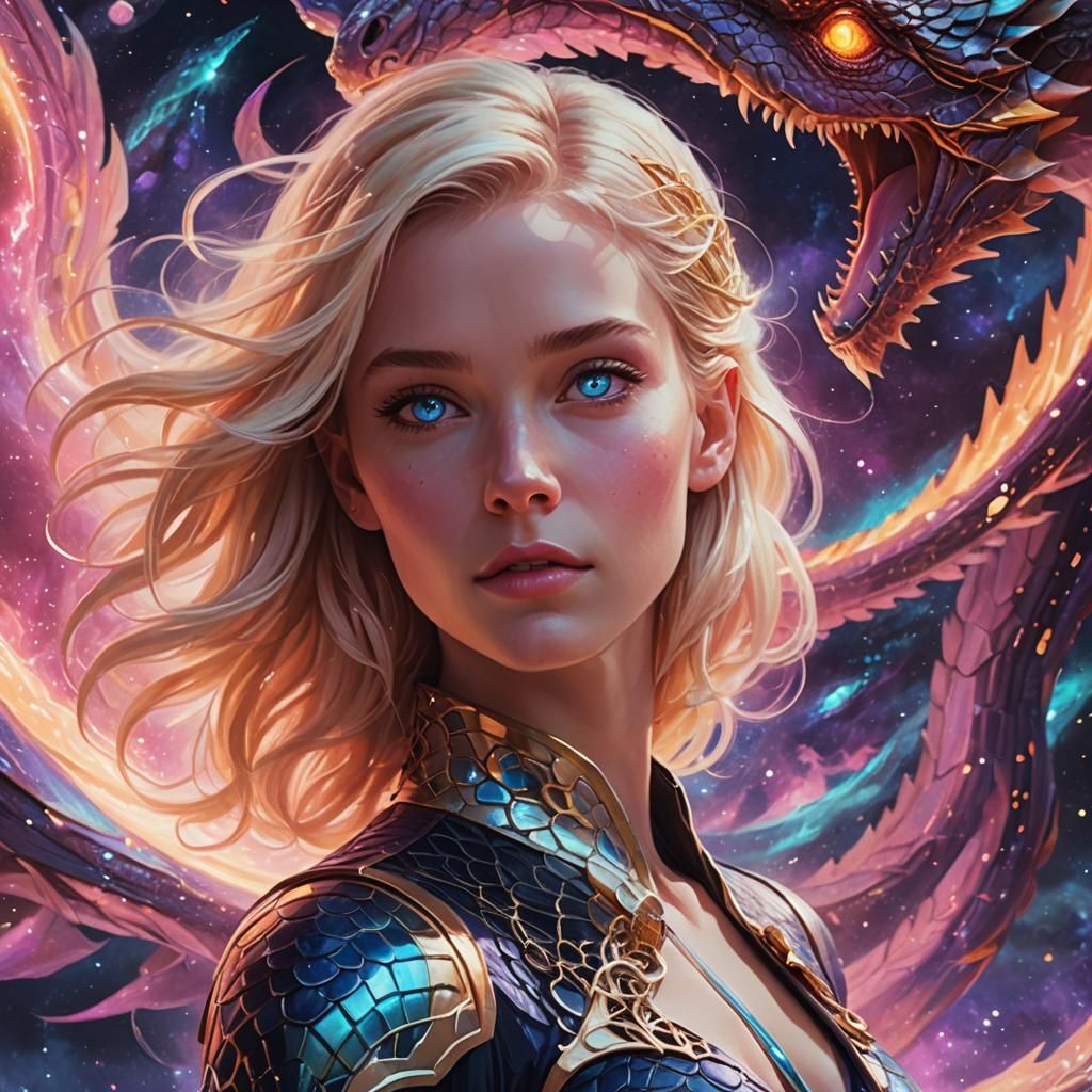 Girl and Dragon Soaring Through Space, Matte Painting