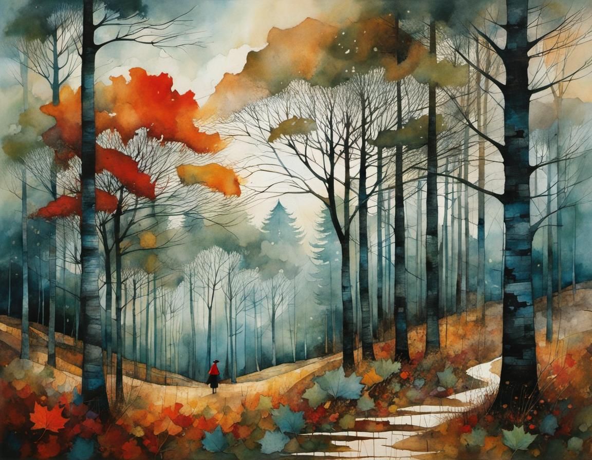 Whimsical November Pines Illustration with Cubist Details