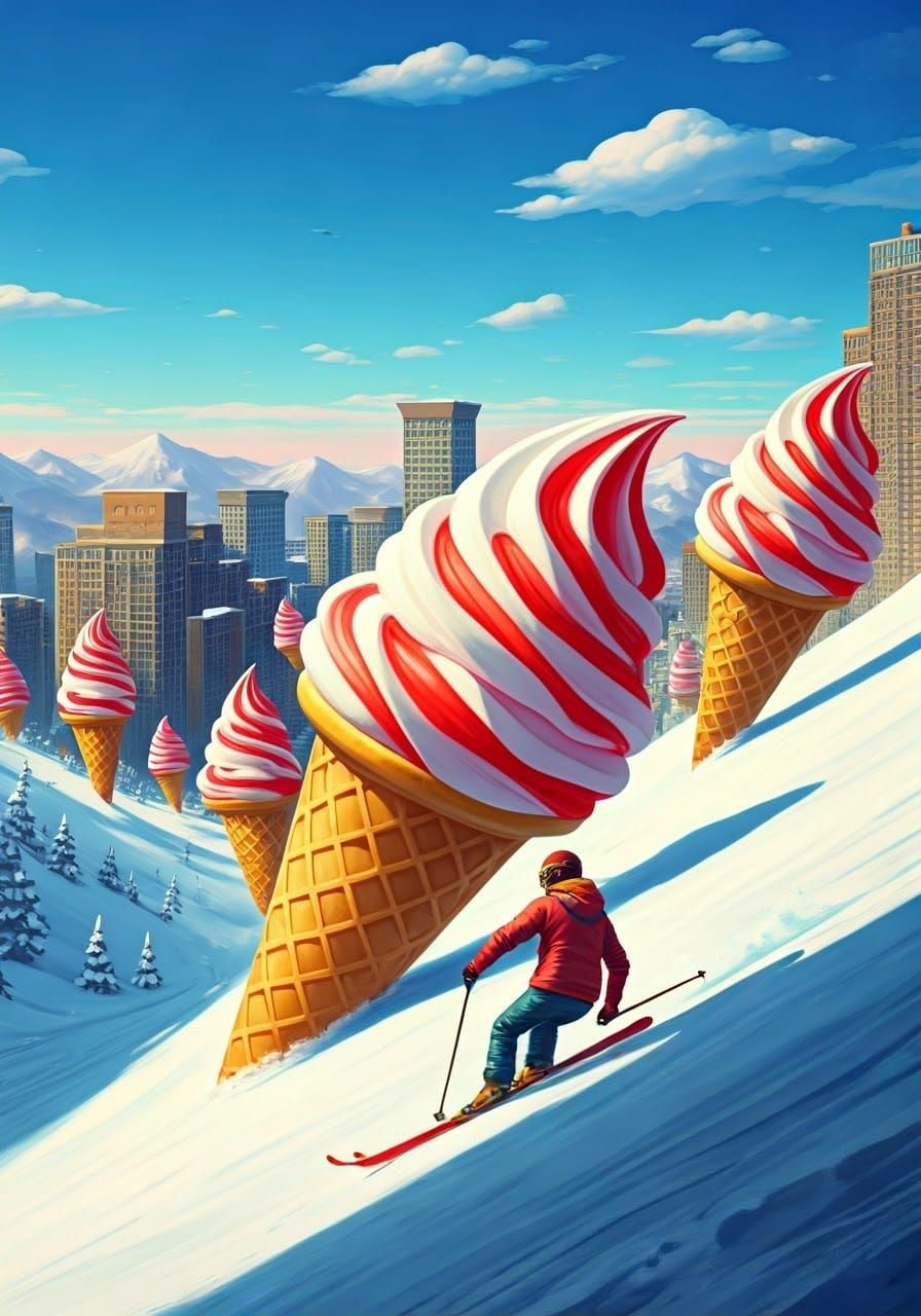 Surreal Skiing Adventure at Whimsical Winter Resort