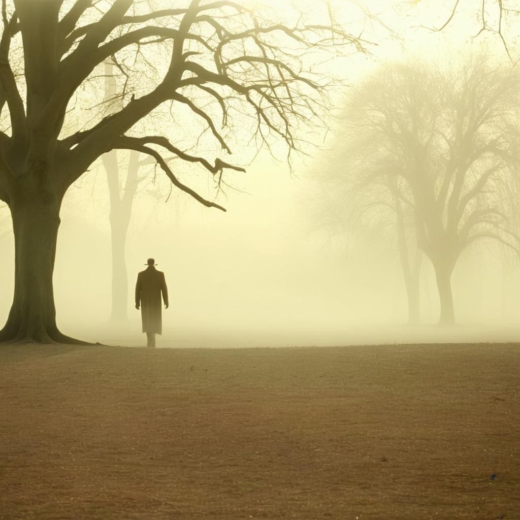 Eerie Surrealist Landscape with Figure in Park