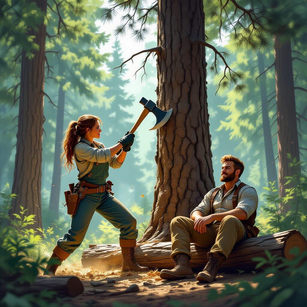 Woman Lumberjack Fells Tree While Supervisor Watches Smugly