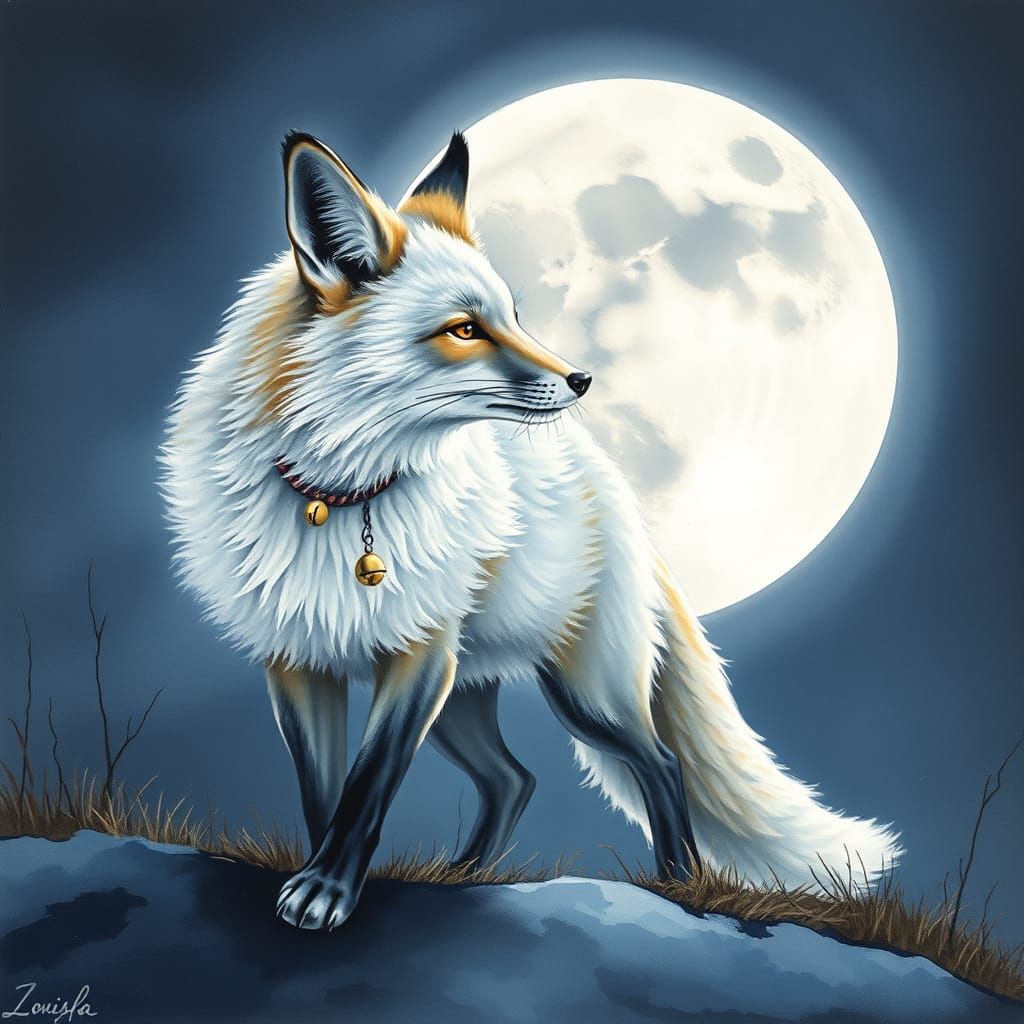Silver Fox and Moon in Watercolor Style