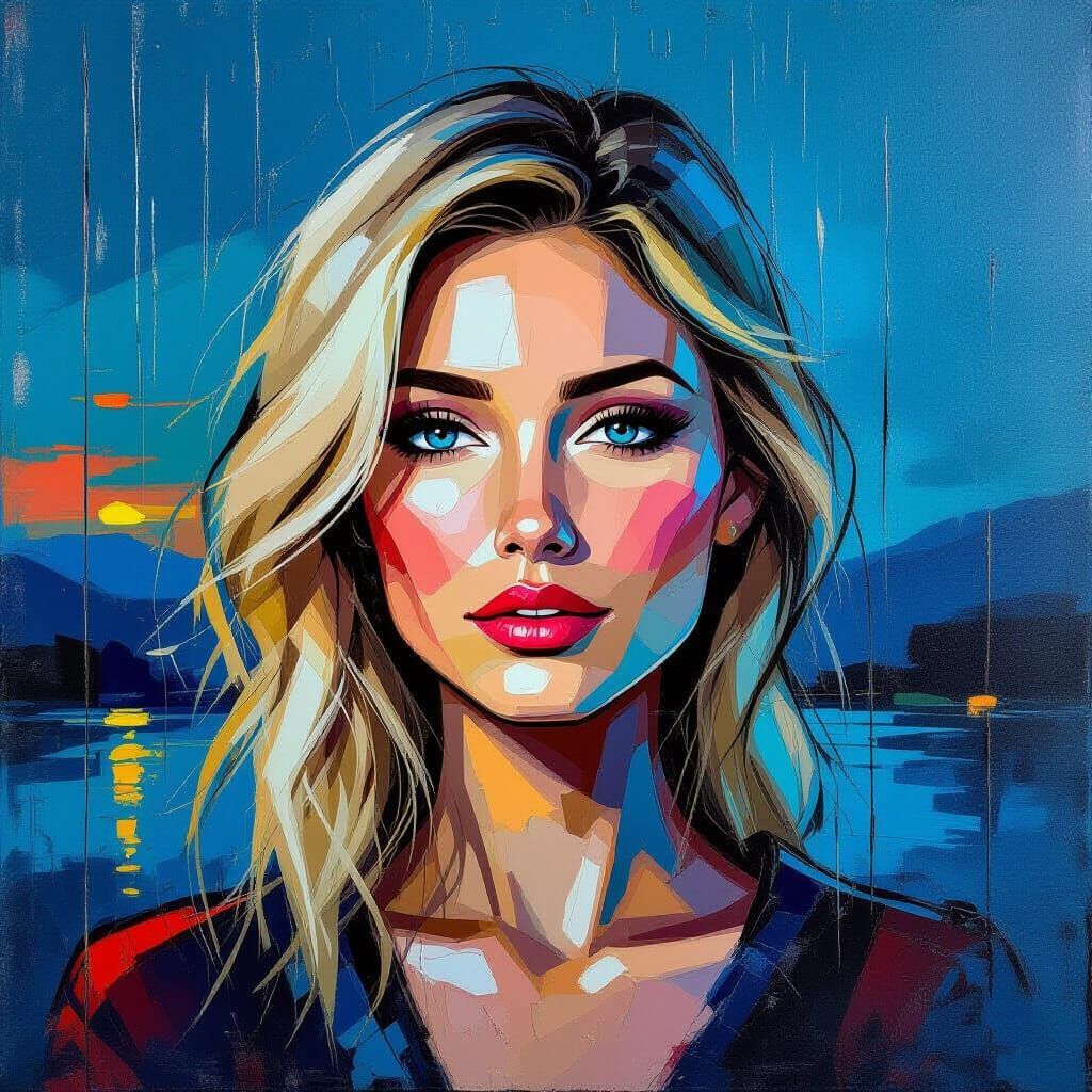 Encaustic Portrait of Woman in Blue Twilight