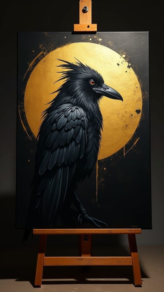 Native American Raven God Painting with Golden Shadow