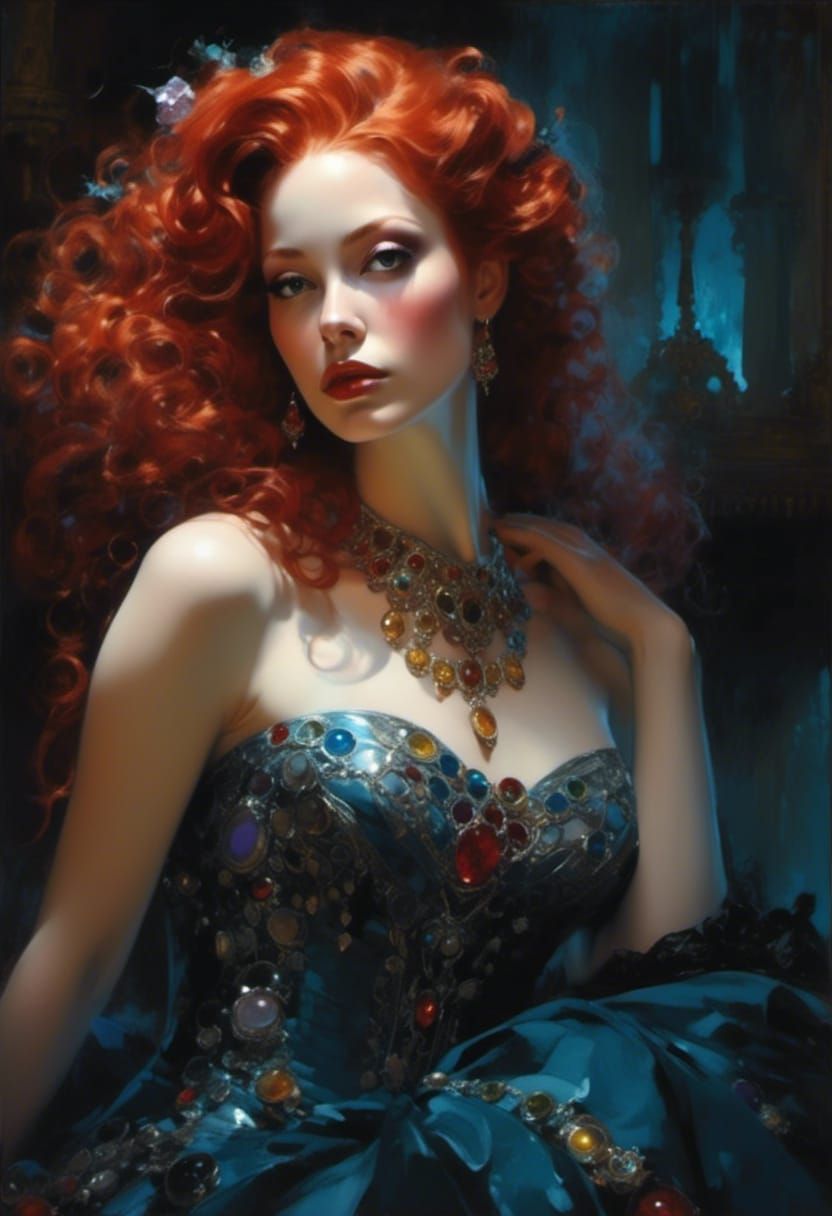 Red-Haired Queen with Rainbow Gems: Digital Art