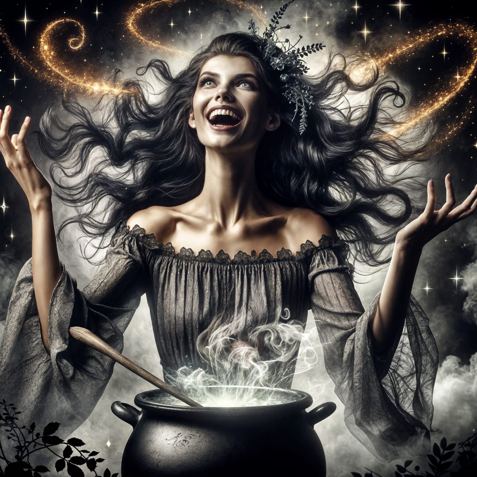 Laughing Witch Conjures Magic in Hyperdetailed Fantasy Scene