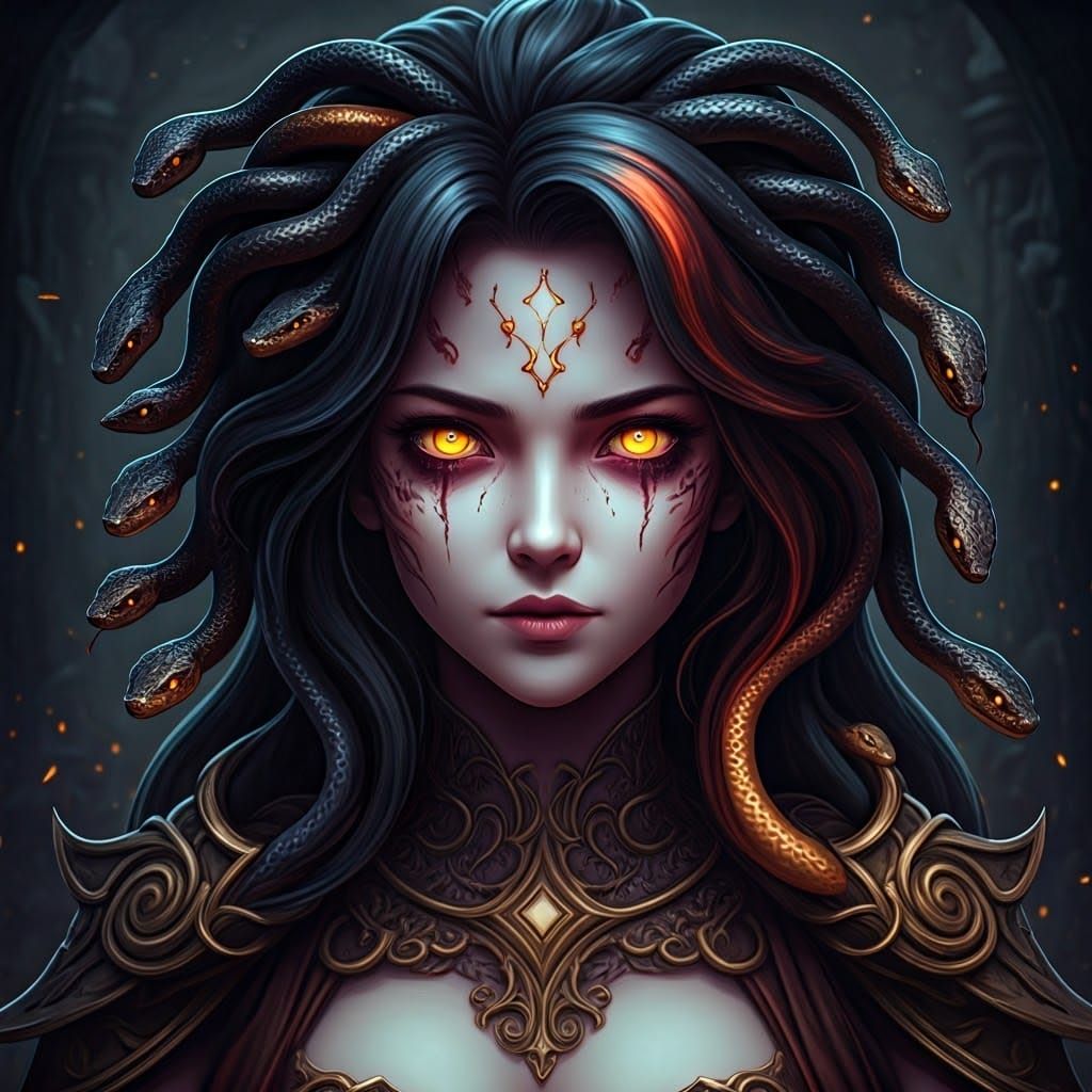 Medusa with Serpent Eyes in Anime-Inspired 3D Art