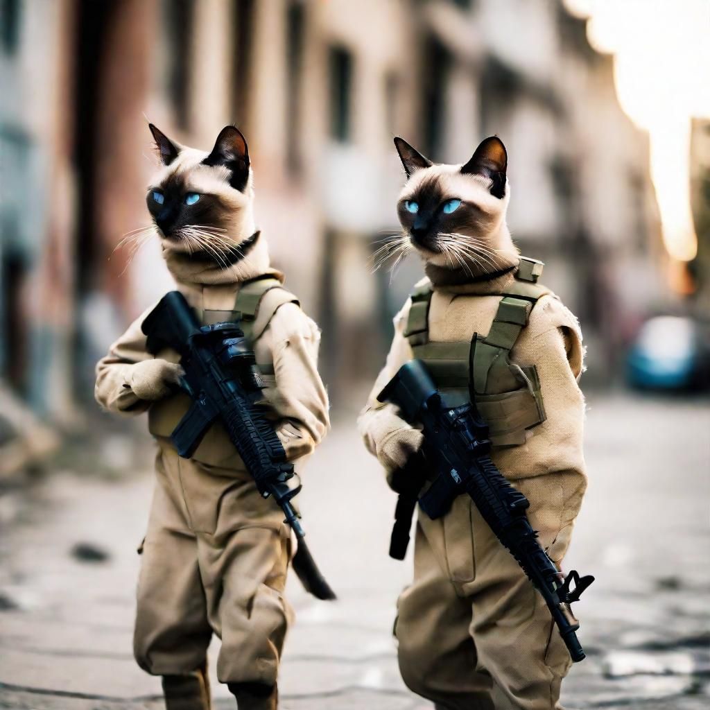 Anthropomorphic Siamese Cats Patrolling War-Torn City