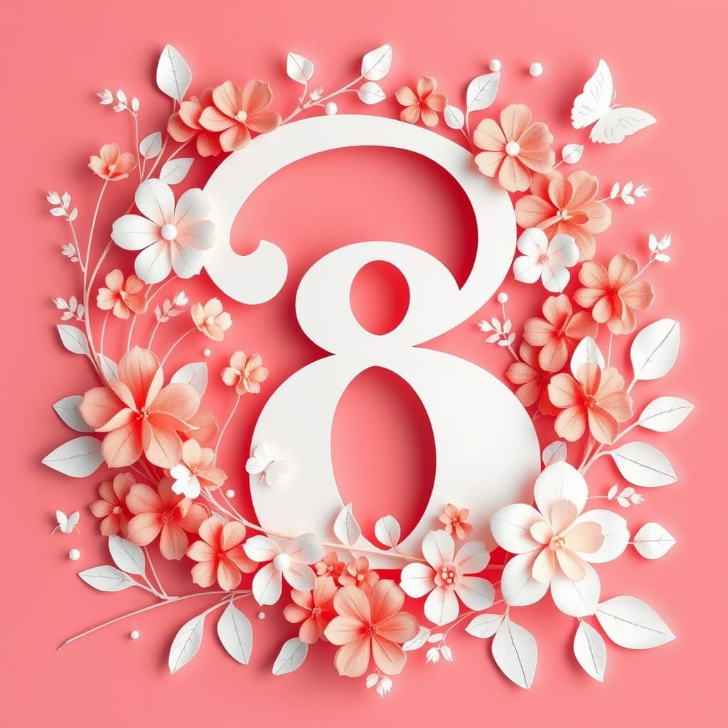 Ethereal Paper Art Design Featuring Number 8 in Whimsical Fl...