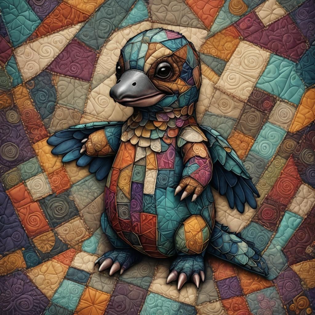 Winged Patchwork Platypus in Candy Art Style