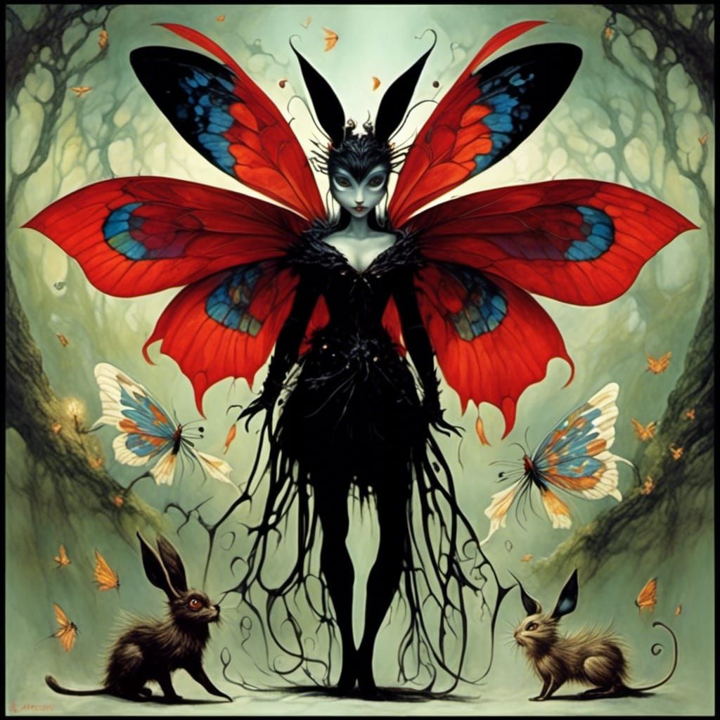 <lora:Fantasy 5:1.0> Fairy ,bird, butterflies, enchanted forrest Dark fey creature of the flames , cat like fairy rabbit...
