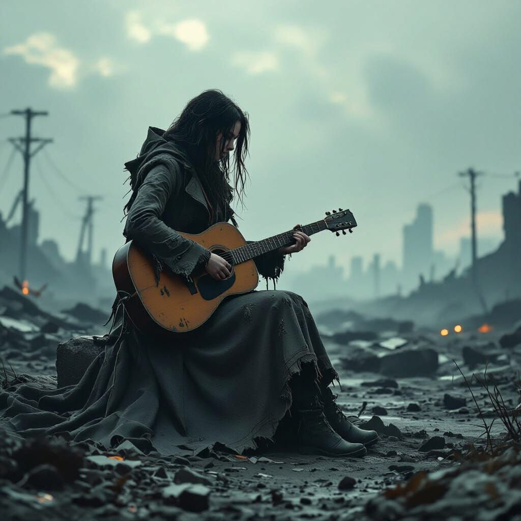 Apocalyptic Guitarist in Dystopian Landscape