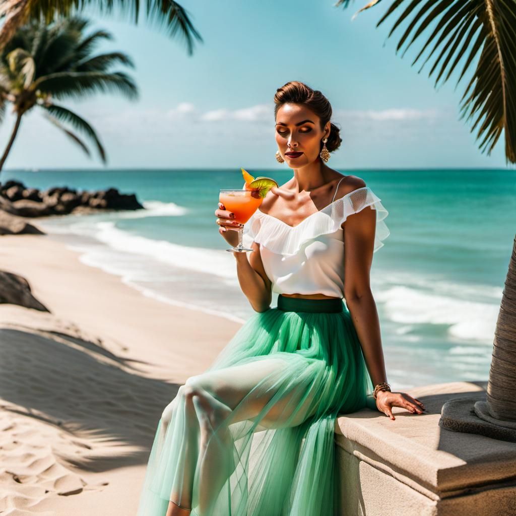 Girl in Mint Green Skirt on Tropical Beach