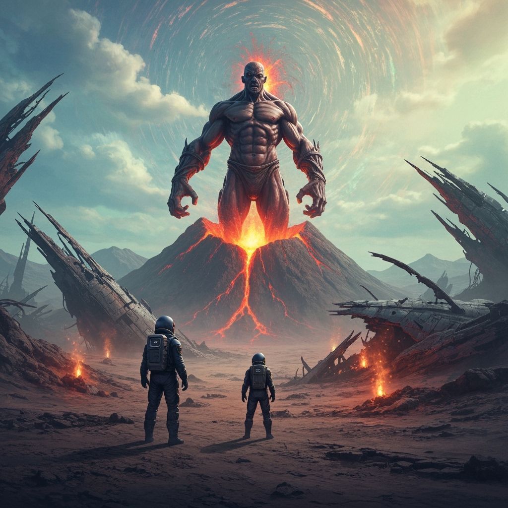 Astronaut and Colossal Figure on Alien Planet as Matte Paint...