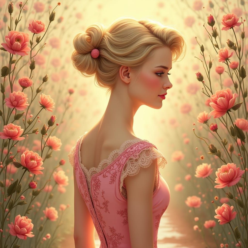 Blonde Woman in Floral Alley, Hyperrealistic Art Nouveau