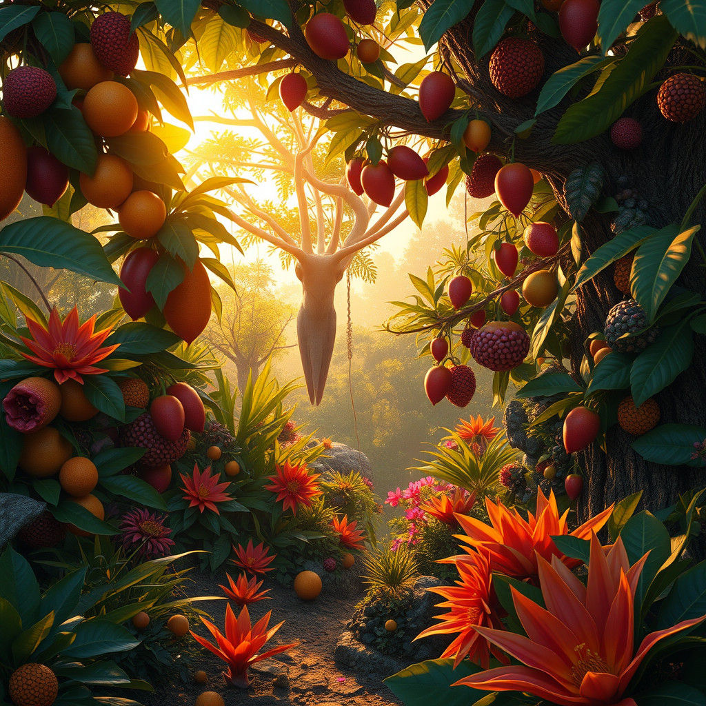 Lush Fruits Garden in Golden Light