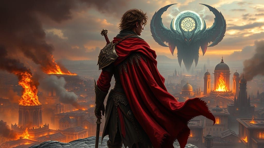 Fantasy Spellsword Stands Vigilant Over Burning Cityscape