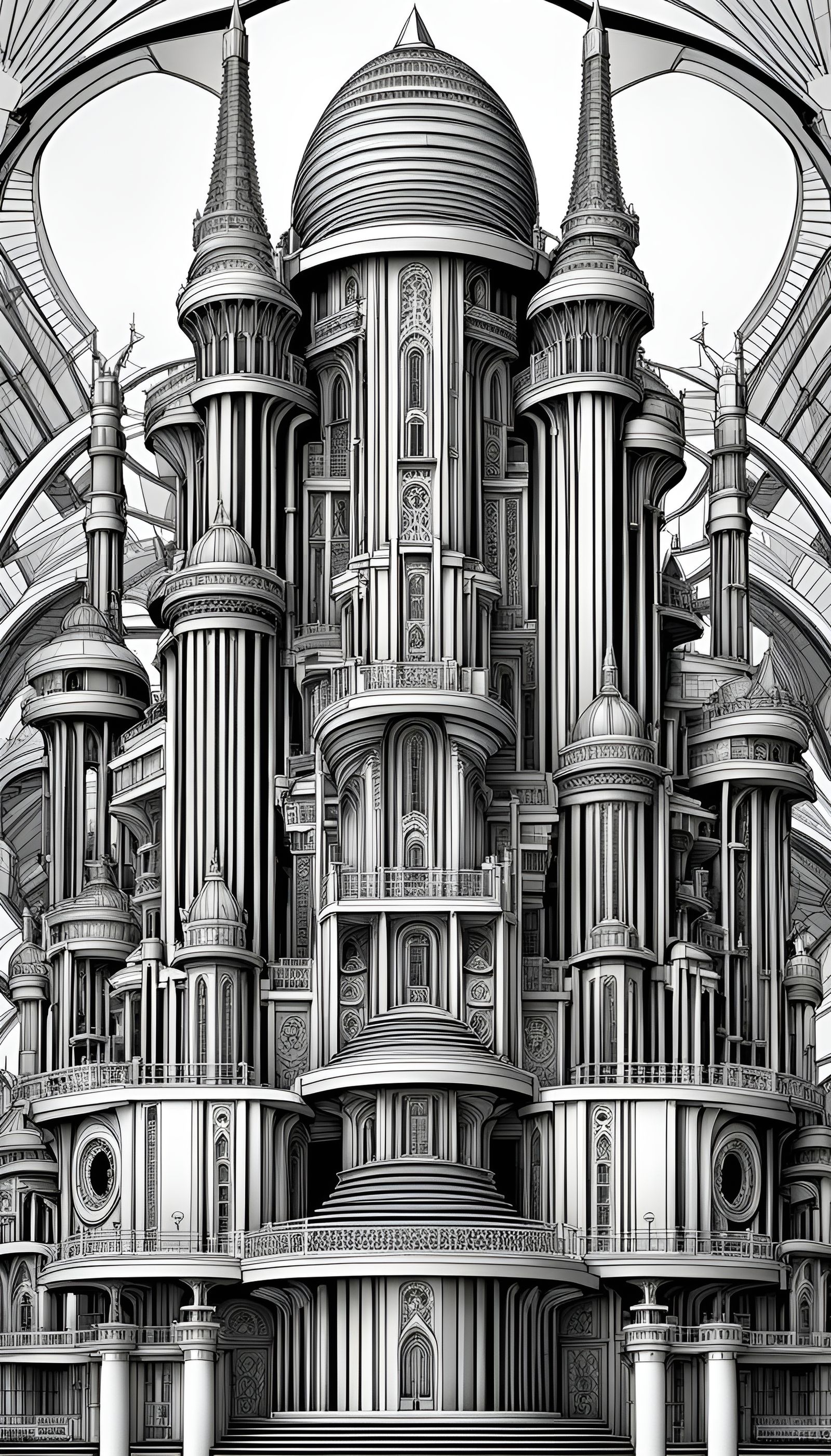 An elaborately detailed multi leveled futuristic castle structure depicted as line art, bold atristic lines, perfect arc...