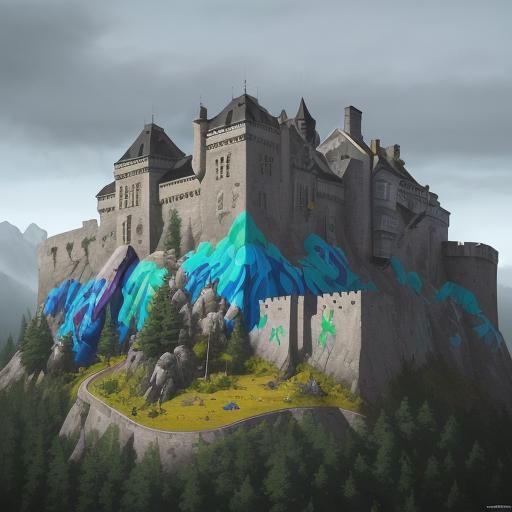 Modern Castle on Plateau as Graffiti Art