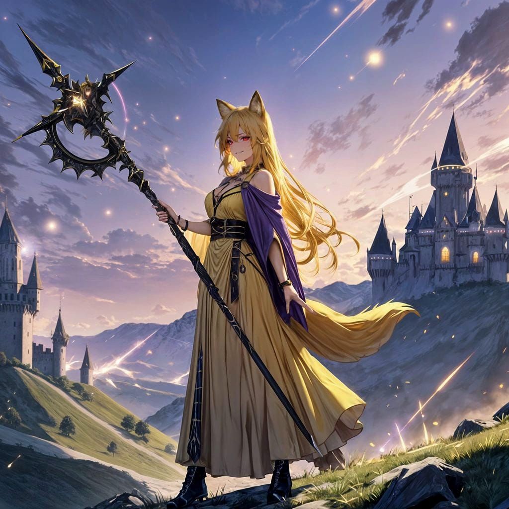 Fantasy Dog-Girl Mage Raises Staff on Hilltop
