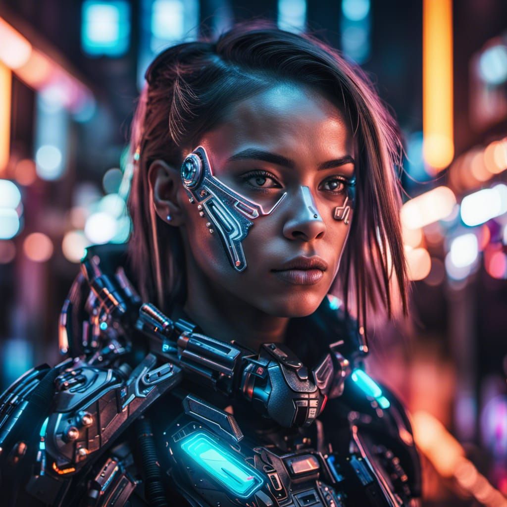 Cyborg Girl in Neon City, Hyperrealistic Portrait